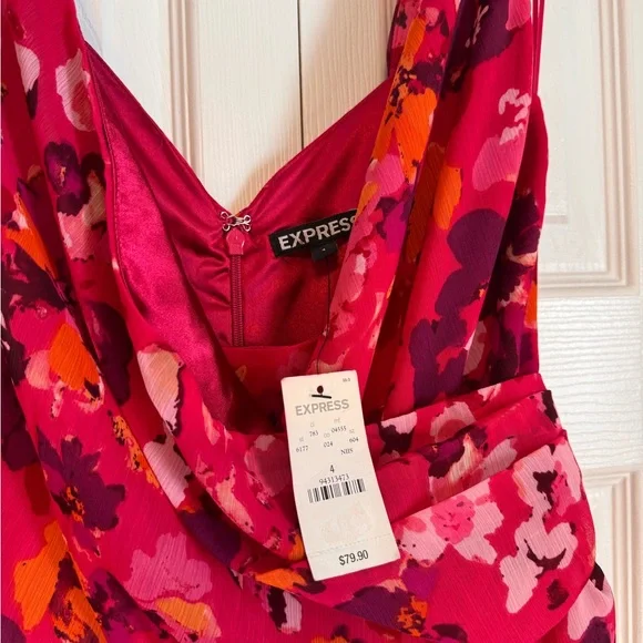 Express Floral Chiffon Fit Flare Pink Red Sleeveless Dress VNeck  Zipper Size 4 - Picture 8 of 11